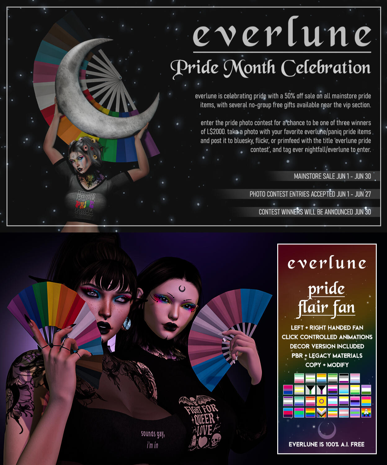 Everlune - Pride Celebration + Pride Flair Fan "New Pride Flair Fan is 50% off, along with all Pride items at the mainstore through June 30th! Pride Photo Contest featuring Everlune/PANIQ Pride items is taking entries until June 27th!"