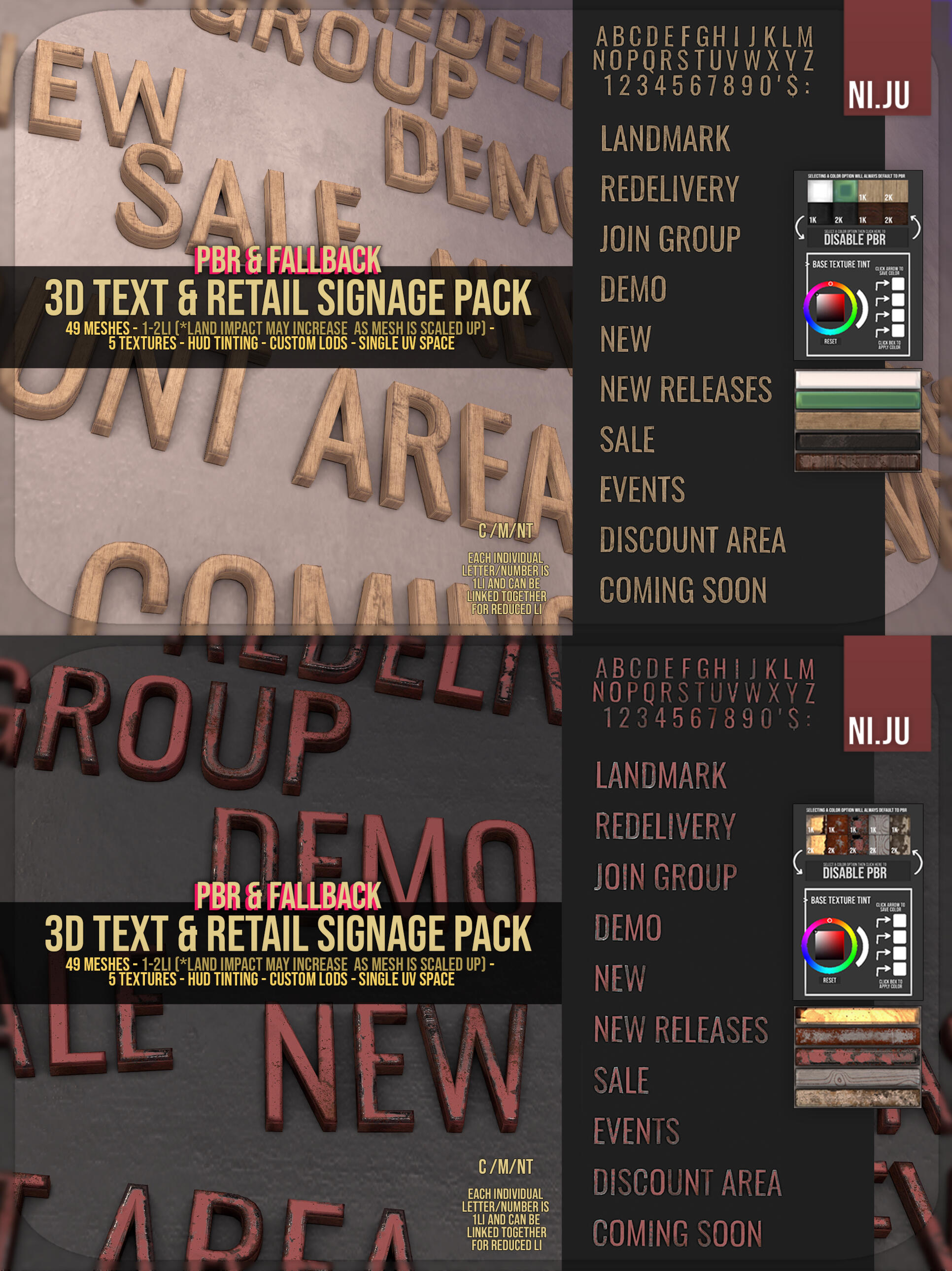 NI.JU - 3D Text & Store Signage "Available at Salvage Station (ends June 30th). Mesh text for stores and general decorating. Optimized for strong LOD at any distance and any graphical setting."