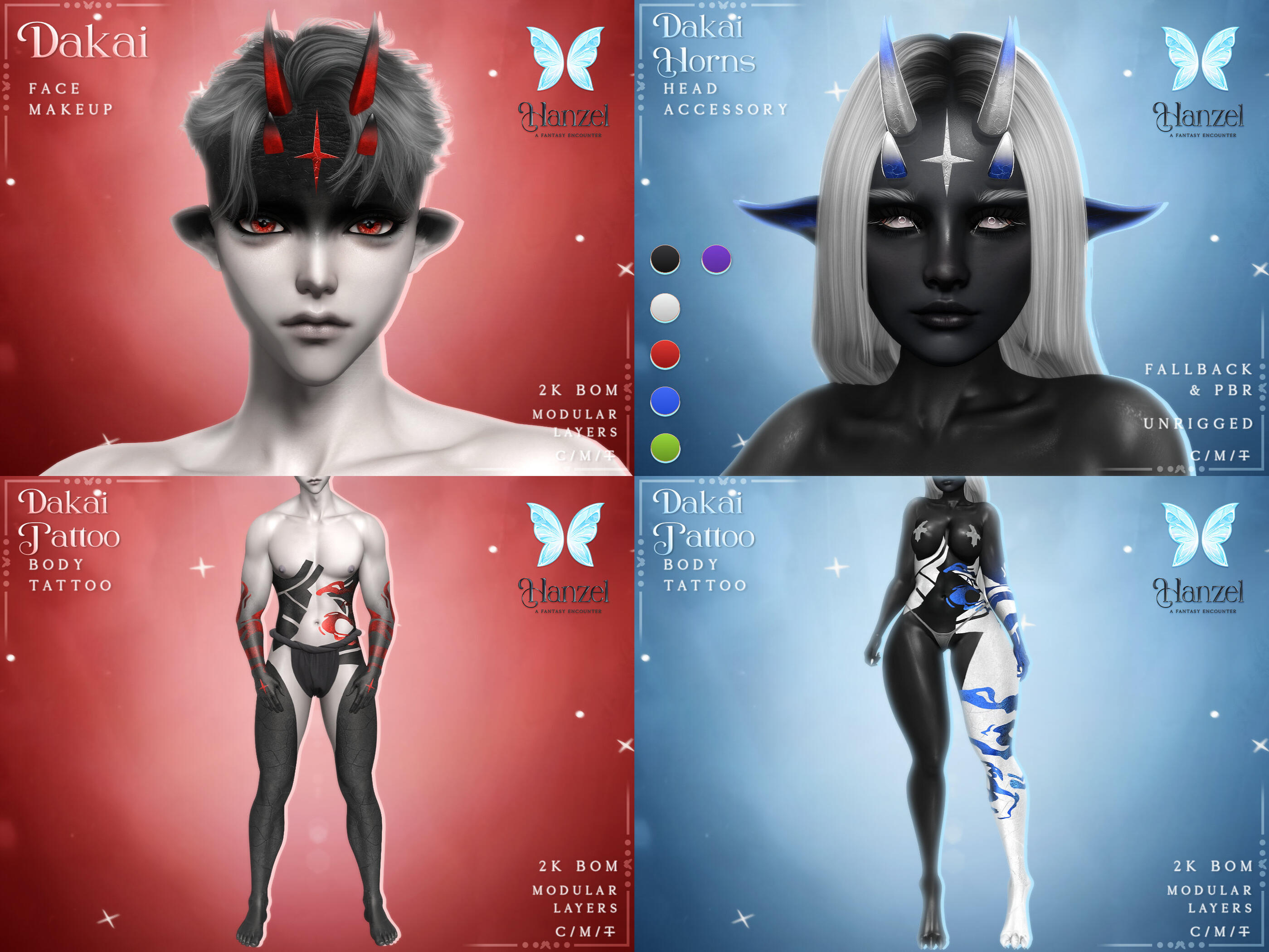 . Hanzel . - Dakai Set "Dakai horn accessory and body tattoo for Legacy & Reborn (Asymmetrical included) + face makeup for Lelutka & Genus Morphtoon, available @ The Night Market Collective (ends August 31st)."