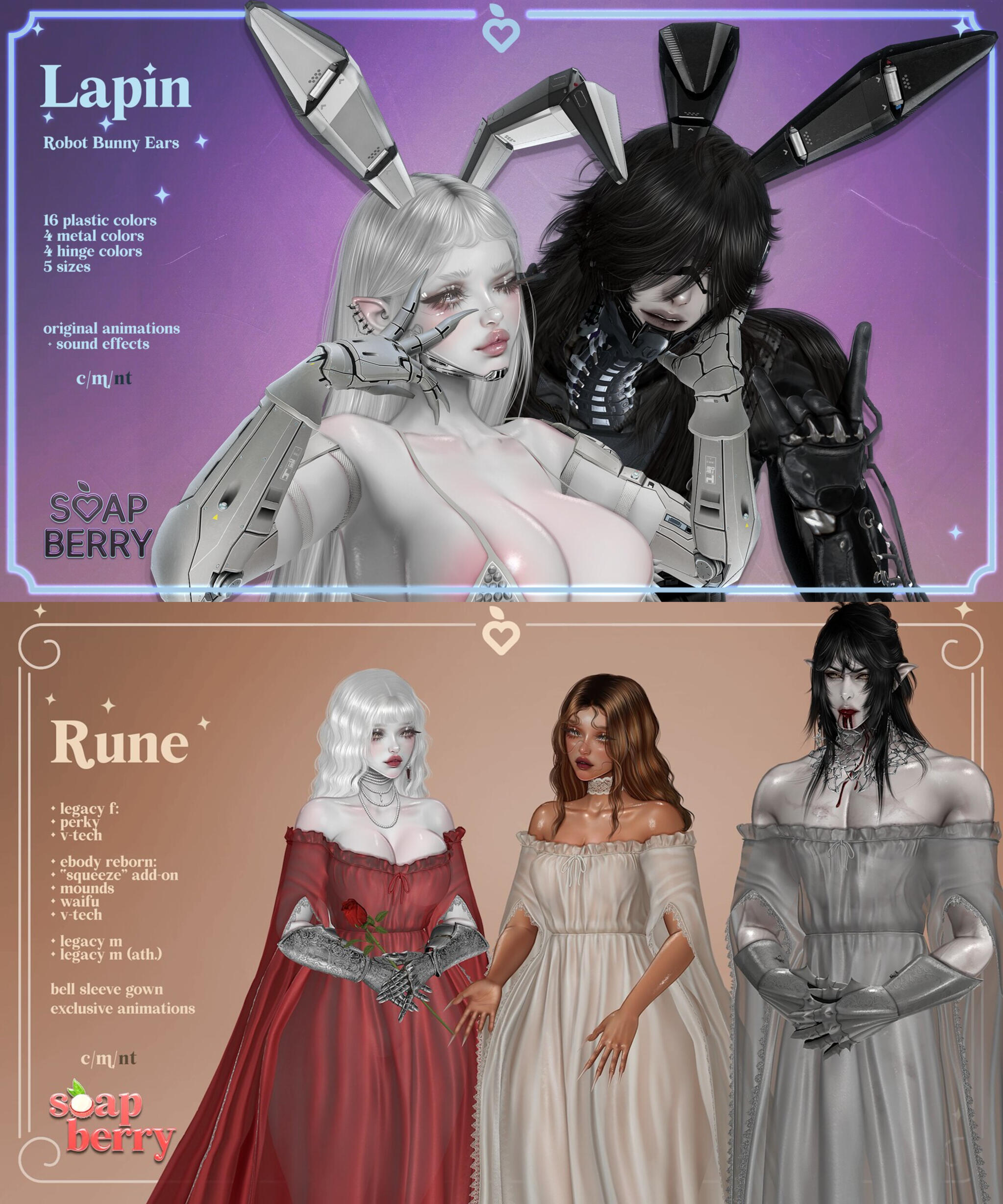 Soapberry - Lapin Ears and Rune Gown "Find the future of hearing, Lapin, at The Warehouse Event! If an elegant flowing gown entices you, Rune is at Midnight Order. These events end on the 18th and 20th respectively."