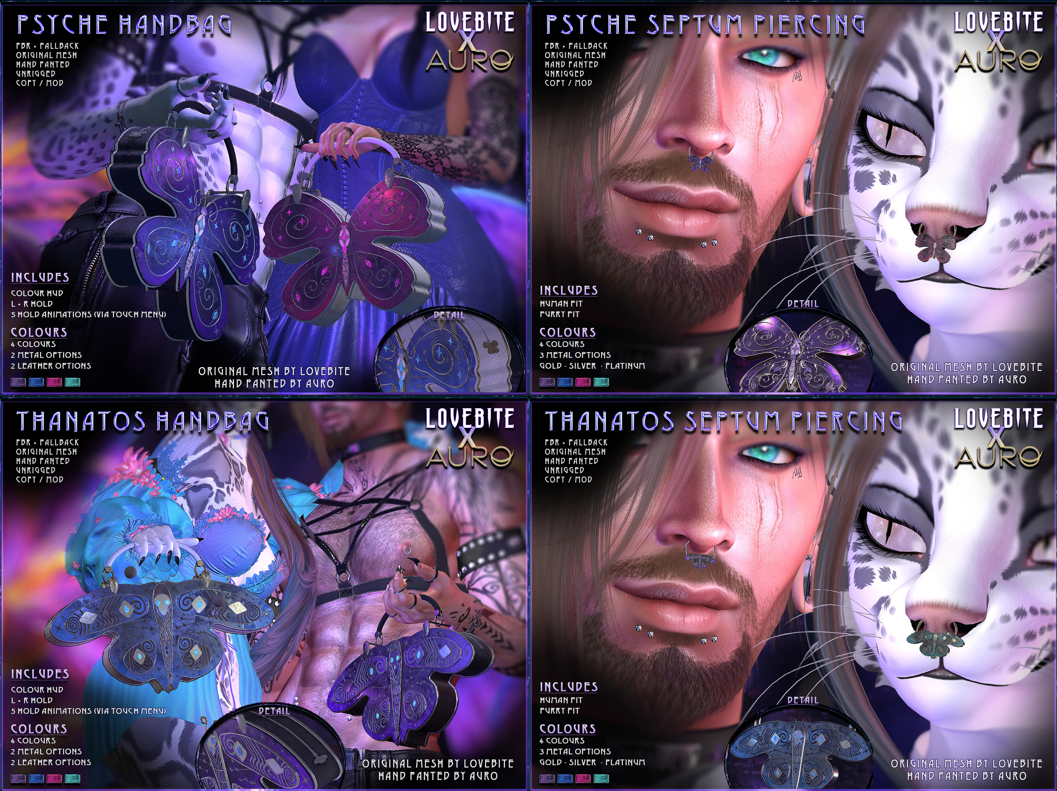 AURO x LOVEBITE - Psyche Butterfly Handbag + Septum Piercing & Thanatos Moth Handbag + Septum Piercing "Collaboration between AURO and Lovebite!"