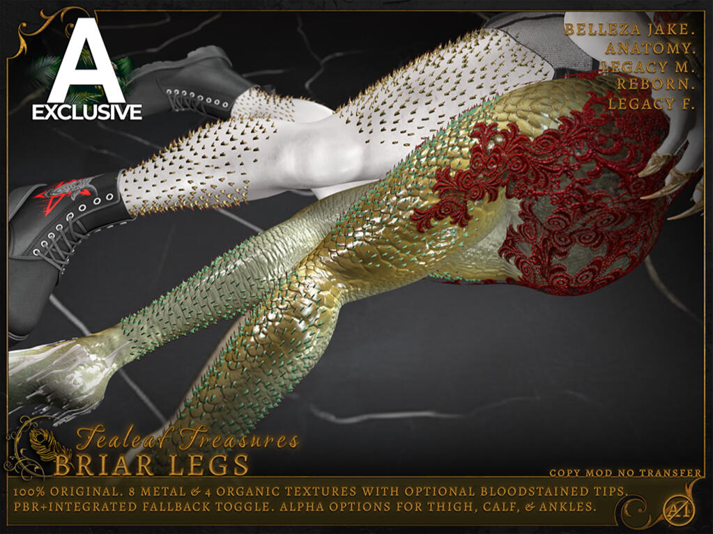 Tealeaf Treasures - Briar Legs "Modular leg thorns with alpha for thighs, calves, and ankles. PBR+Integrated fallback. 8 metal&4 organic textures+optional bloody tips. For Anatomy, Legacy M&F, and Reborn. C/M/NT Abnormality exclusive."