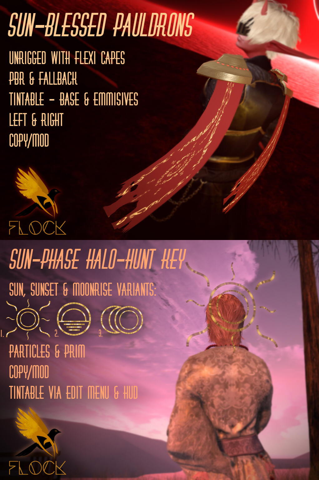 FLOCK - Sun-Blessed Pauldrons (Event Exclusive) and Sun-Phase Halo (Hunt Items) "The Sun-Blessed Pauldrons feature hand-painted metallic textures." (Fae Faire opens July 18th!)