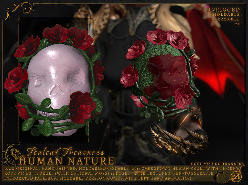 Tealeaf Treasures - Human Nature "100% original, hand painted overgrown human skull with thorny vines. C/M/NT Available exclusively at the Forgotten Forest event, open August 21-September 4!"