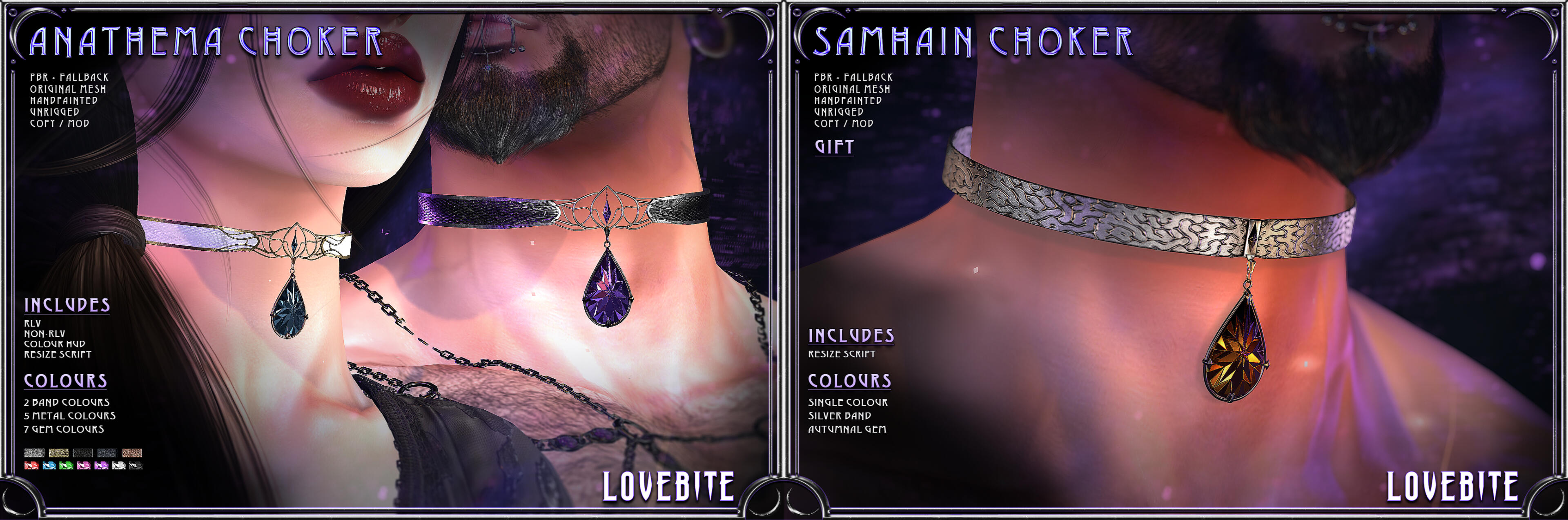Lovebite - Anathema Choker and Samhain Choker "Lovebite has two releases at Shop N' Hop this round! The Anathema Choker'sr at 20% off for the event, with RLV + non-RLV versions and a full colour HUD. The Samhain Choker is a free gift! Both are C/M/NT."