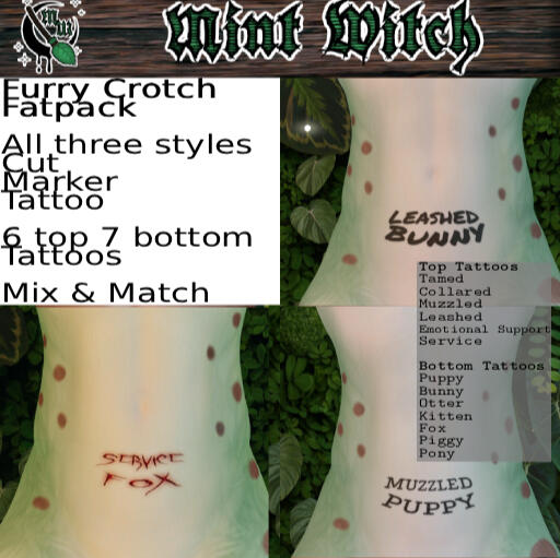 MintWitch - Furry Crotch Tattoos "Create the perfect label to serve or rebel. This is a pack of 13 tattoos that consist of 6 top and 7 bottom line tattoos that can be mixed and matched."
