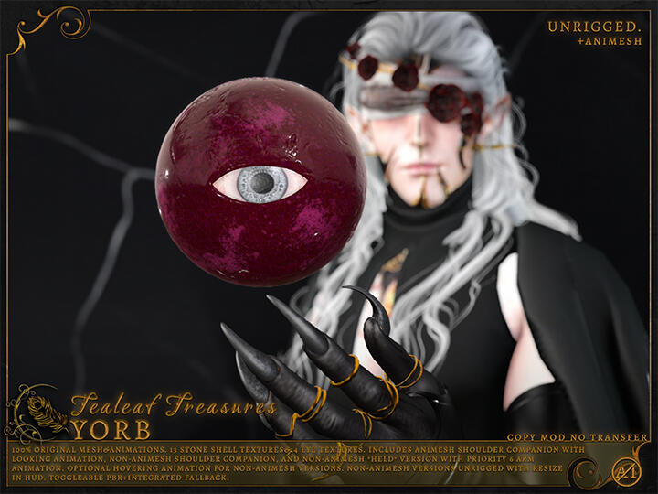 Tealeaf Treasures - Yorb "NEW! Eye orb companion animesh with looking animation&non-animated. Toggleable PBR+Fallback stone shell&eye textures. Non-animesh version hover options, unrigged, held&shoulder follower, and resizable. C/M/NT S&H Exclusive."