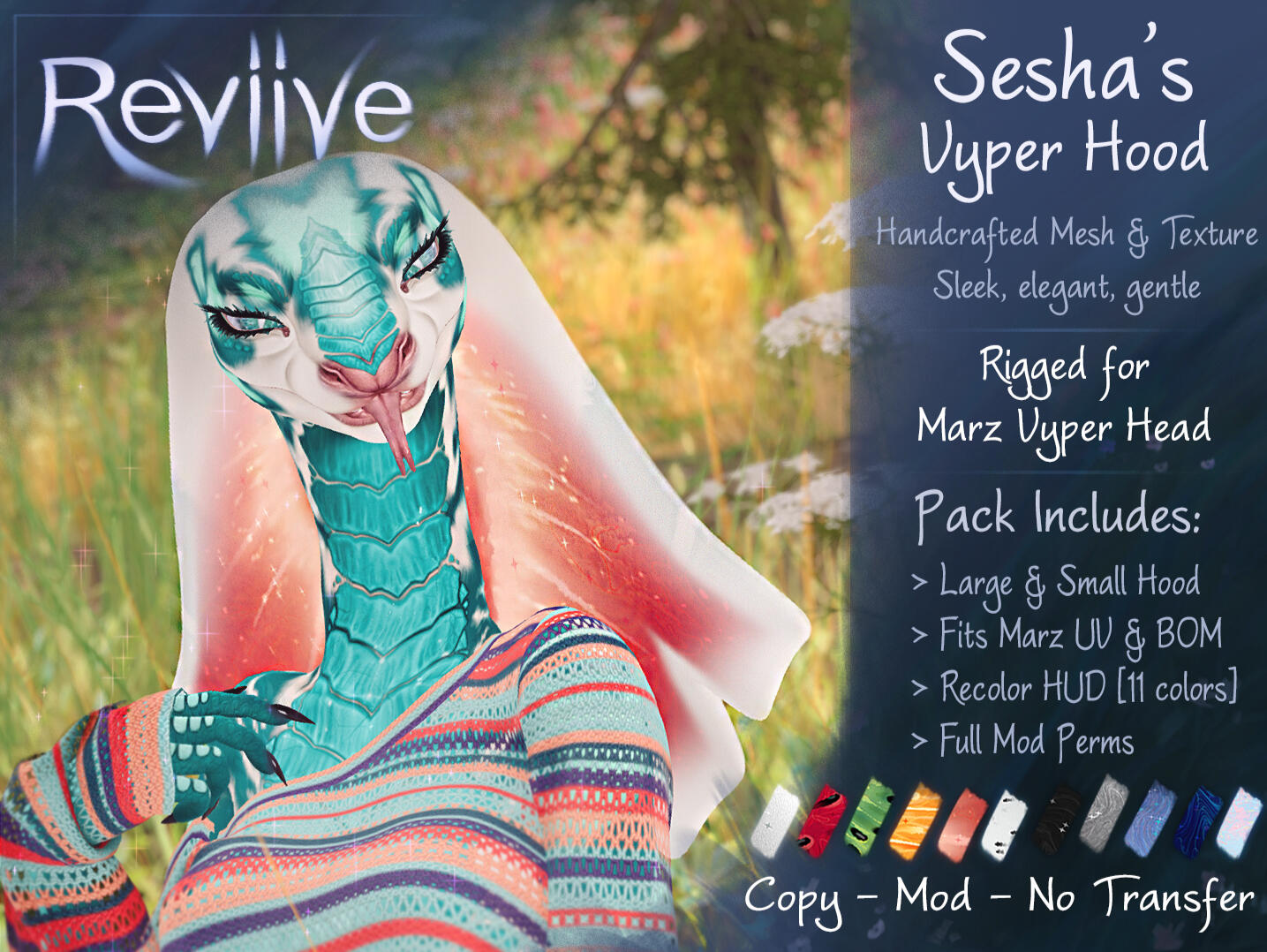 Reviive - Sesha's Vyper Hood "For the Marz Vyper head. BOM & compatible with the Marz hood UV, additional inner hood texture hud with handpainted fruit slice and spacey themes plus full perm blank textures for convenient customization."