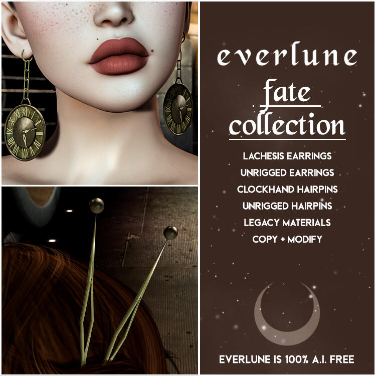 Everlune - Fate Collection "For a limited time only, get the unrigged Lachesis Earrings and Clockhand Hairpins bundled together for 50% off at the mainstore and marketplace! Available through Aug 29th!"