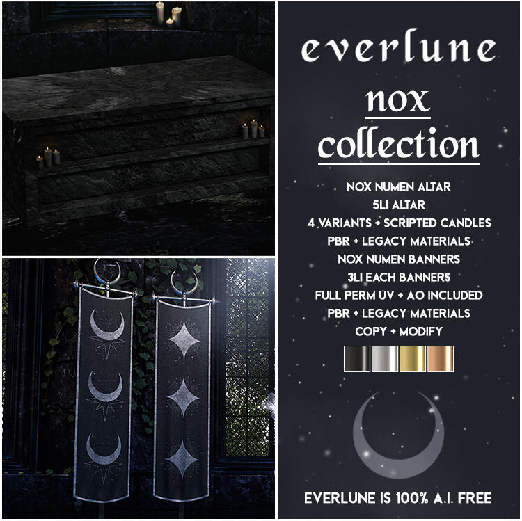 Everlune - Nox Collection "Limited to this round of MBP, get the 5li Nox Numen Altar in all variants and the 3li Nox Numen Banner with full perm UV + AO bundled together for 50% off!"