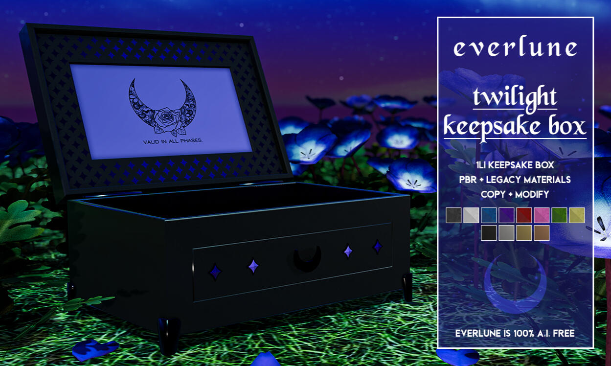 Everlune - Twilight Keepsake Box "The full release version is out now for 50% off! The keepsake box is 1li and includes a texture HUD with eight gem and detail colors and four metal options. Photo insert is tintable, or add your own!"