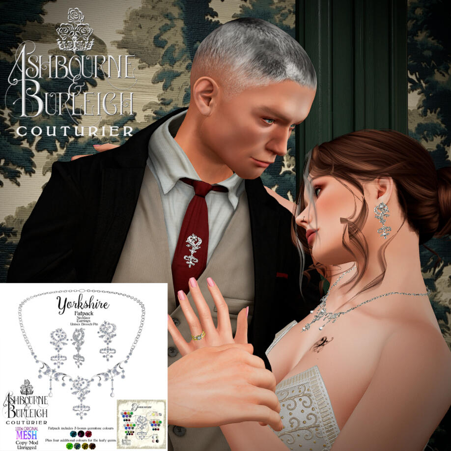 Ashbourne & Burleigh Couturier - Yorkshire Necklace, Earrings, Brooch: "Ashbourne & Burleigh Couturier present an Edwardian, Art-Nouveau-ish jewellery set, handcrafted using Blender. This set is unrigged and resizable for most any avatar."