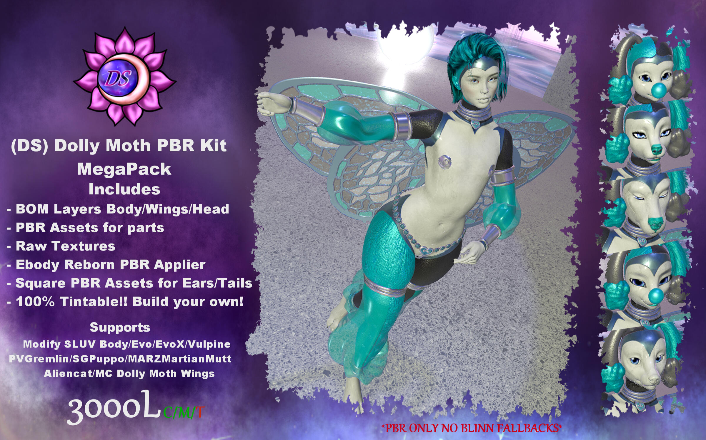 Dream Snatcher's - Dolly Moth PBR Kits: "Fully PBR Kits with no fallbacks that turn you into a marble doll with fabric arms and legs and metal inlays. All the metal and fabric is fully tintable including the emmissives on the wings."